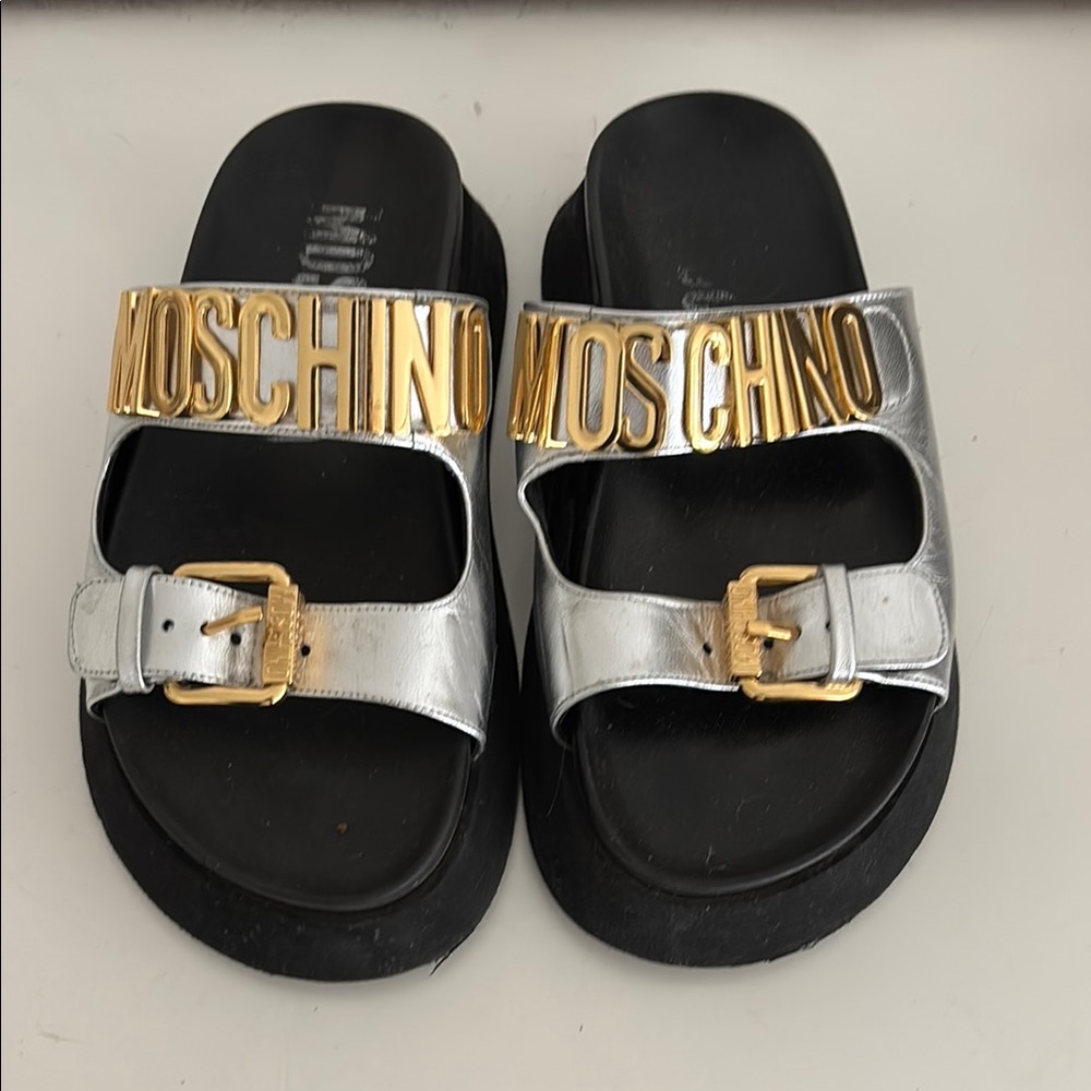 Moschino Silver and Black Slide Sandals
